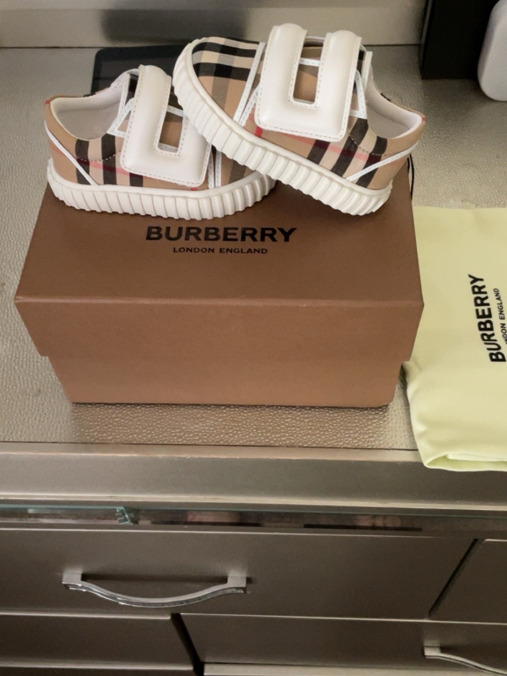 Burberry Kids Beige Check Velcro Sneakers with White Trim